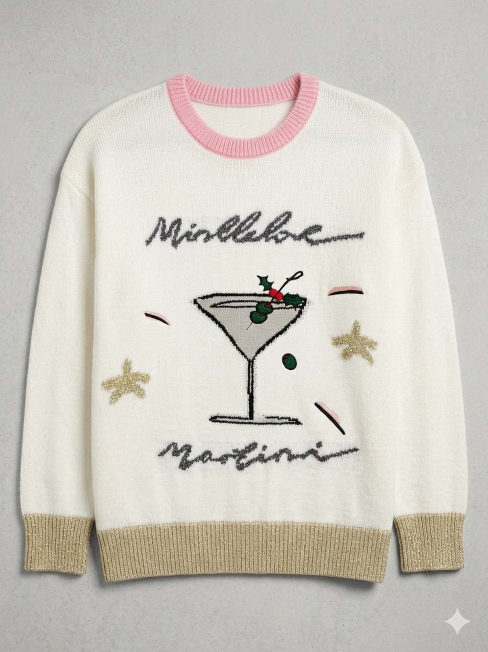 VIGOSS Mistletoe Martini Christmas Sweater Cream XL Pink Gold Holiday Knit